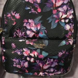 Victoria's Secret Black Backpack with Pink and Purple Floral Design